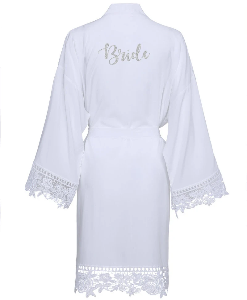 White Bride YUXINBRIDAL Новое темно-синее однотонное хлопковое кимоно, халаты с кружевной отделкой, женский свадебный банный халат, одежда для сна с белым принтом для невесты - Цвет: White Bride