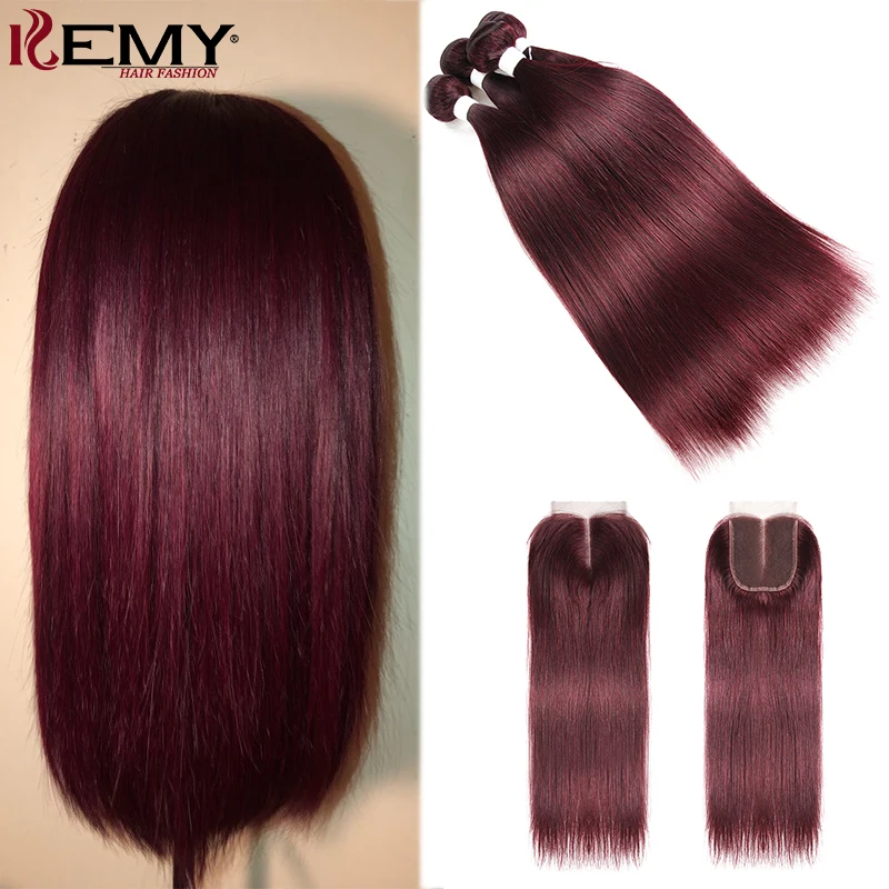 Feixes de Cabelo com Fechamento Brasileiro em Linha Pacotes com Fechamento Borgonha Reta Tecer Cabelo Humano 4x4 Não Remy 8-26 Polegada Kemy 99j - 5 Pacotes com 3/4 com fecho