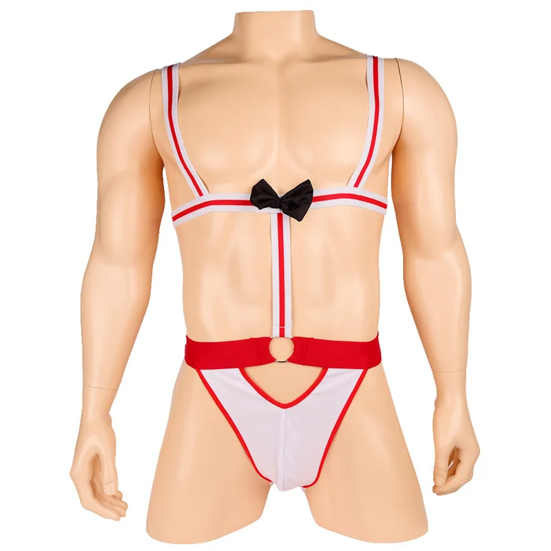 Muscle Men Open Butt Erotic Waiter Teddies Bodysuit Singlet Suspender Thong Bow Tie Underwear Lingerie