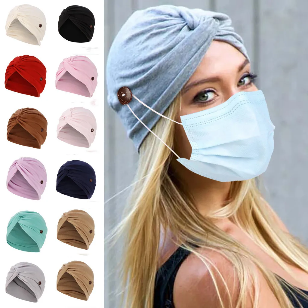 

Muslim Women Side Button for Mask Hanging Modal Turban Chemo Hat Head Wrap Cap Headwear For Cancer Patients Bonnets For Women