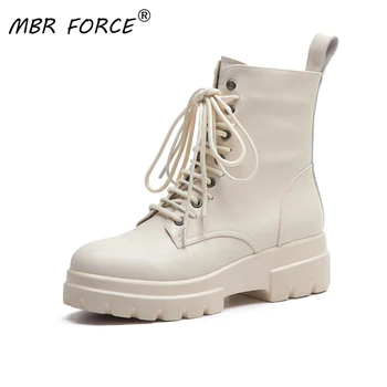 

MBR FORCE Black White High Quality Cowhide Women ankle boots Lace up Thick bottom Platform Woman Ladies Chunky Motorcycle Boots