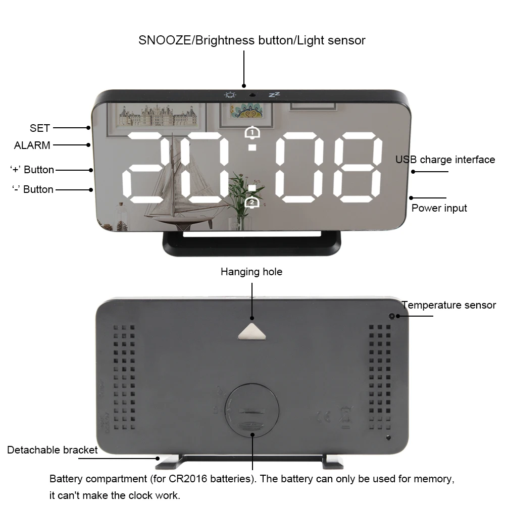 Зеркальный Цифровой будильник светодиодный Электронный температурный настенный Повтор часы USB многофункциональные часы ночник для дома и офиса