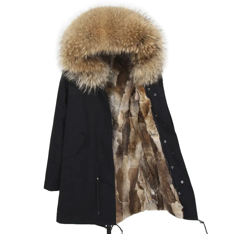 

2020 real fur coat natural rex rabbit fur long parka women winter jacket detachable raccoon fur collar thick warm new
