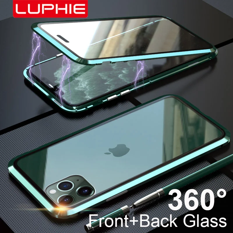 Luphie 360 чехол для iphone 11 Pro Max чехол Xs 9H из закаленного стекла Магнитный чехол для мобильного телефона s X 7 8 Plus Xr Магнитный чехол