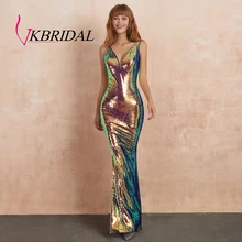 VKBRIDAL переливающееся вечернее платье с блестками, длинное сексуальное платье с открытой спиной и глубоким v-образным вырезом, вечерние платья, Vestidos de Festa Longo