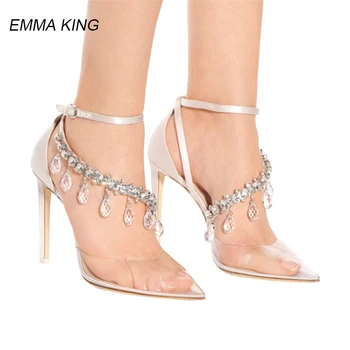 

2018 Ladies Clear PVC Rhinestome Pumps Sexy Crystal Buckle Strap High Heels Pumps Luxury Designers Wedding Party Shoes Women