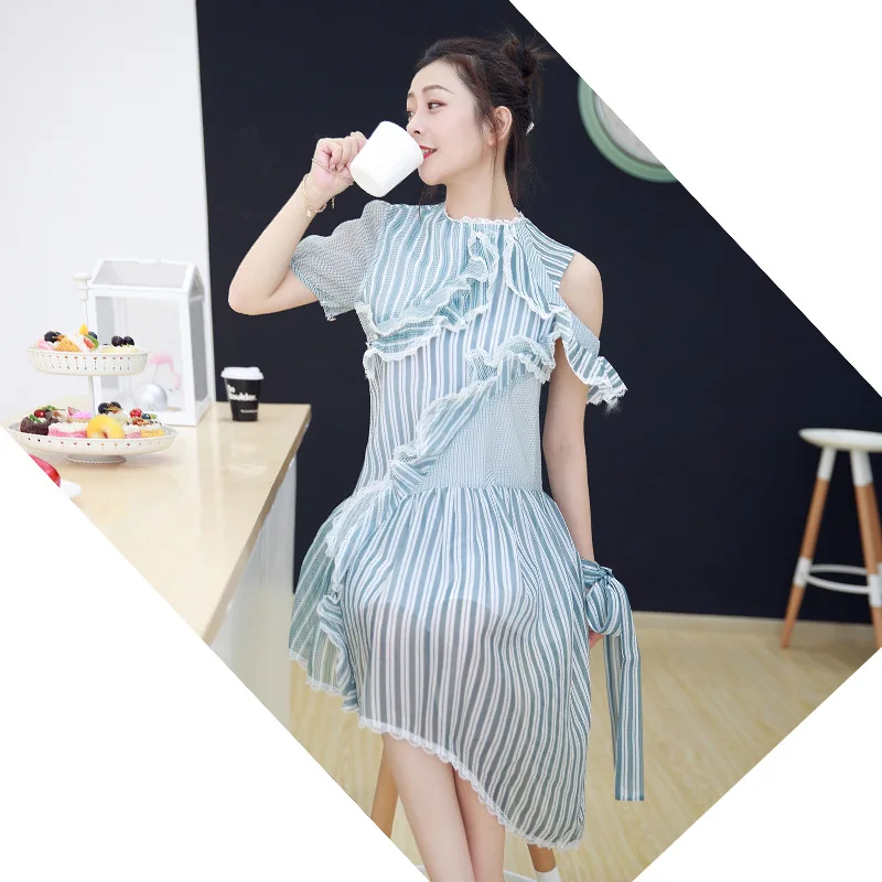 

2019 Spring And Summer New Style Elegant Irregular Stripes Shirt Dress Flounced off-Shoulder Small Fragrant Dress Women's 19065