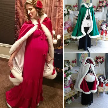 

Christmas Party Winter Hoodies Cloak Lace Up Cape Coat Red Velvet Soft Thick Wrm Witch Cloak Belt Cape with white Fluffy Trim