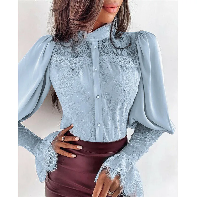 Кружевная Лоскутная Блузка, женская рубашка размера плюс, повседневные женские Топы с длинным рукавом, Женские топы и блузки, S-XL с цветком - Цвет: Синий