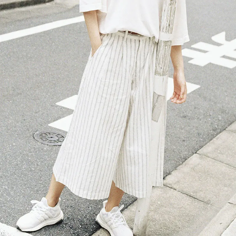 Women's Summer Wear Cotton and Linen Stripped Loose Baggy Pants Lady Hip Hop Cross-pants Crotch Wide Leg Pants Casual Trousers