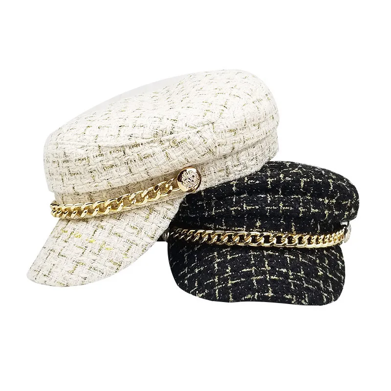Fashion Lace cotton hat cap women casual streetwear rope flat cap elegant solid autumn winter warm Metal chainberet hat female