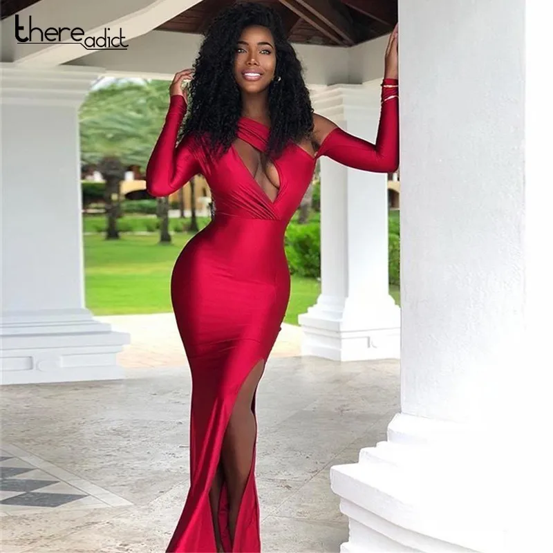 Летнее Модное Длинное Платье макси с разрезом однотонное облегающее платье