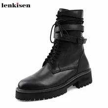 Lenkisen/красивые ботинки в байкерском стиле из натуральной кожи; зимние теплые женские ботинки до середины икры с ремешком и пряжкой, на шнуровке, с круглым носком, на среднем каблуке; L30