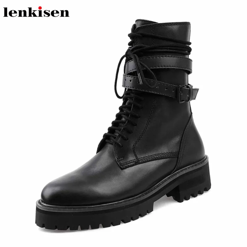 

Lenkisen handsome genuine leather motorcycles boots belt buckle lace up round toe med heels winter warm women mid-calf boots L30