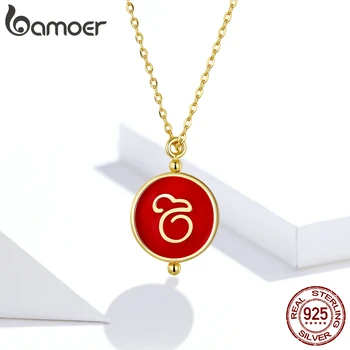 

bamoer GXN390 Chinese Zodiac Mouse Circle Round Pendant Necklace Women Gift Simple Red Rat 925 Sterling Silver Fine Jewelry