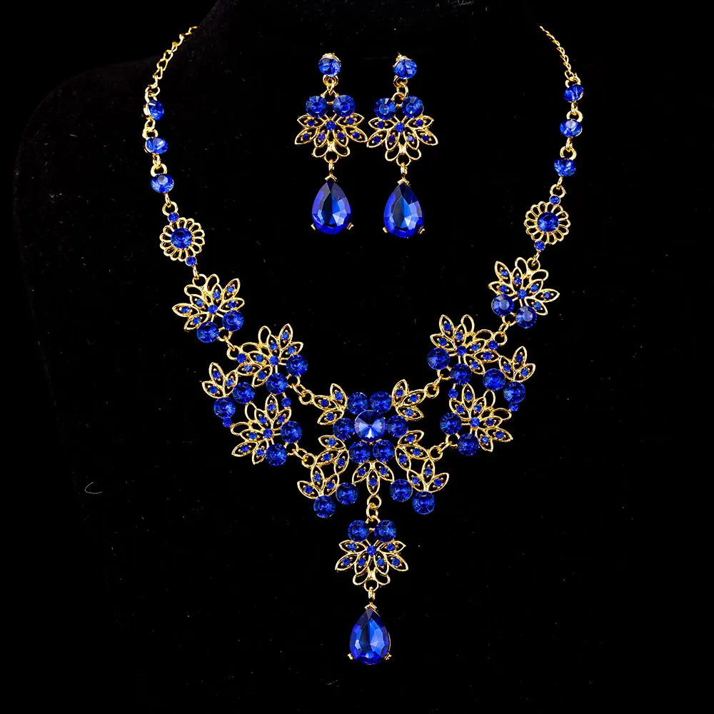 KMVEXO 3 шт великолепные наборы свадебных ювелирных изделий из кристаллов ожерелья со стразами серьги Корона тиары африканские бусины комплект ювелирных изделий «Дубай» - Окраска металла: 2PCS Blue