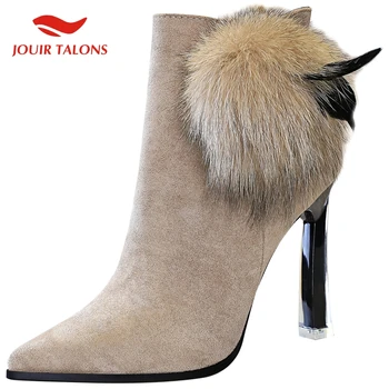 

2020 Nubuck Flock Fur Spring Autumn Ankle Boots Women Shoes Woman Sexy High Heels Pointed Toe Booties