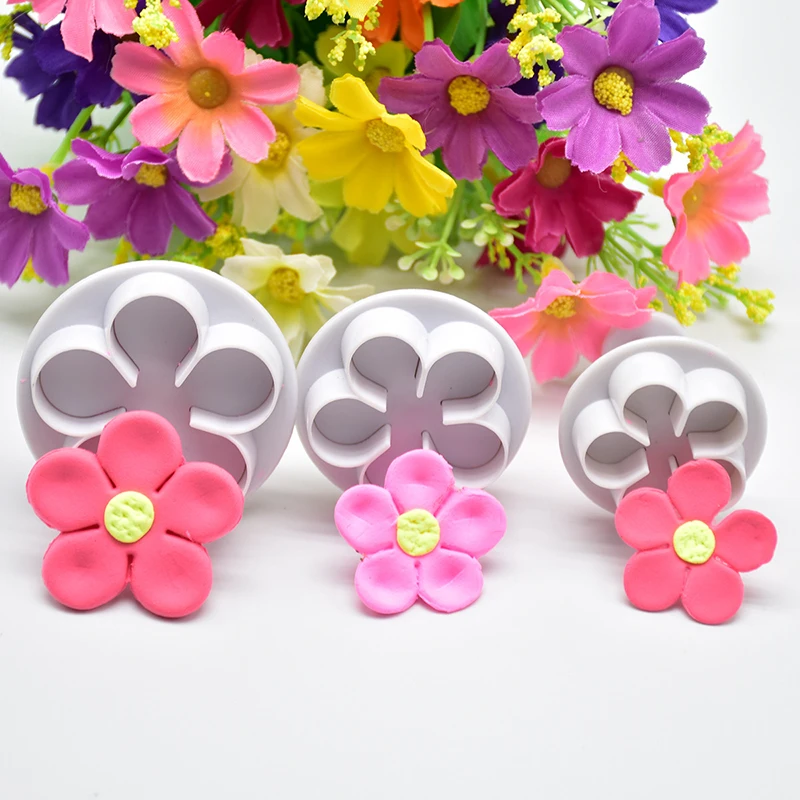 Blossom Flower Plunger Fondant Mold 3Pcs Size 3/3.6/4.3cm Cookie Cutter Daisy Cake Decorate Tool Sugarcraft Biscuit Stamp Cut cake decorating tools cake baking mold