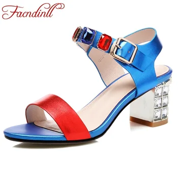

FACNDINLL 2020 brand women high quality genuine leather shoes woman summer sandals square heel casual ladies gladiator sandals