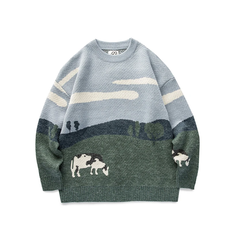 Los hombres las vacas Vintage suéteres de invierno 2021 jersey para hombre cuello redondo coreano Jersey a la moda de las mujeres Casual Harajuku ropa de dibujos animados