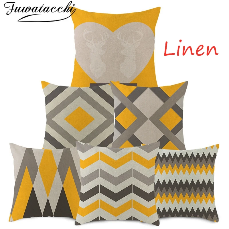 

Fuwatacchi Geometric Cushion Cover Arrow Wave Diamond Pillow Cover for Home Chair Decorative Pillows Yellow Linen Throw Pillows