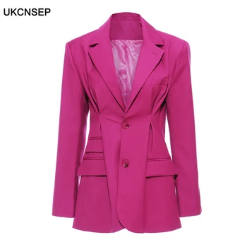 

2020 New Elegant OL Style Blazer For Women Lapel Collar Long Sleeve Tunic Loose Ruched Suit Female Fashion Clothing