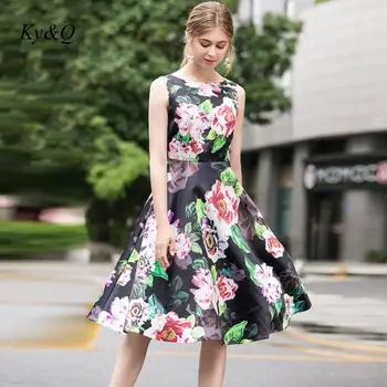 

Brand Design Retro 2020 Summer Women New Fashion Printing Slim Sleeveless Dress Floral Black A-line Midi Dress Party Luxury