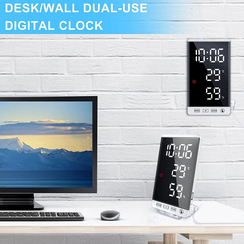 6 colių LED veidrodinis žadintuvas, jutiklinis mygtukas, sieninis skaitmeninis laikrodis, laiko temperatūros ir drėgmės ekranas, USB išvesties prievadas, stalo laikrodis_voghion.com