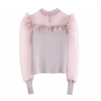 

Elegant Organza ruffles Women blouse silm fit elastic long puff sleeve shirts female 2020 spring casual sweet tops blusas
