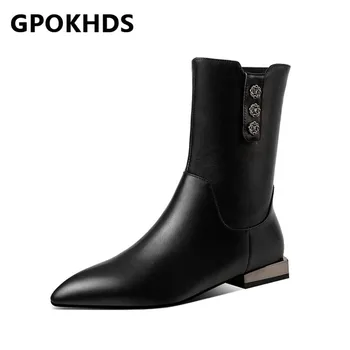 

GPOKHDS 2021 women Ankle boots Cow leather Winter short plush Pointed Toe Metal Decoration Low heels female Riding boots size 40