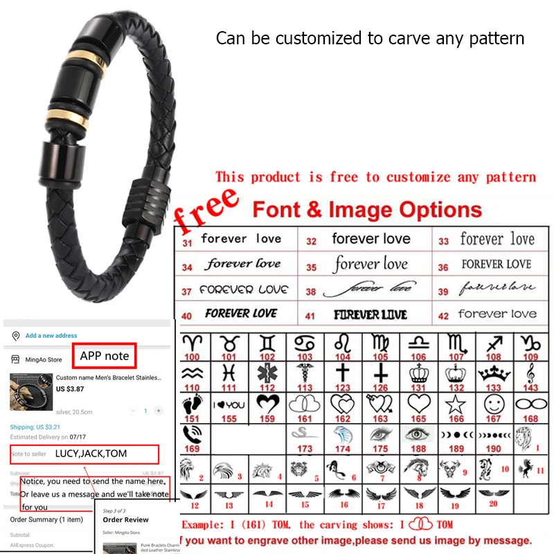 MingAo Custom Engraved Name Bracelet Single Leather Beads Braclet For Men Women Punk Black Gold Stainless Steel Beaded Bracelets