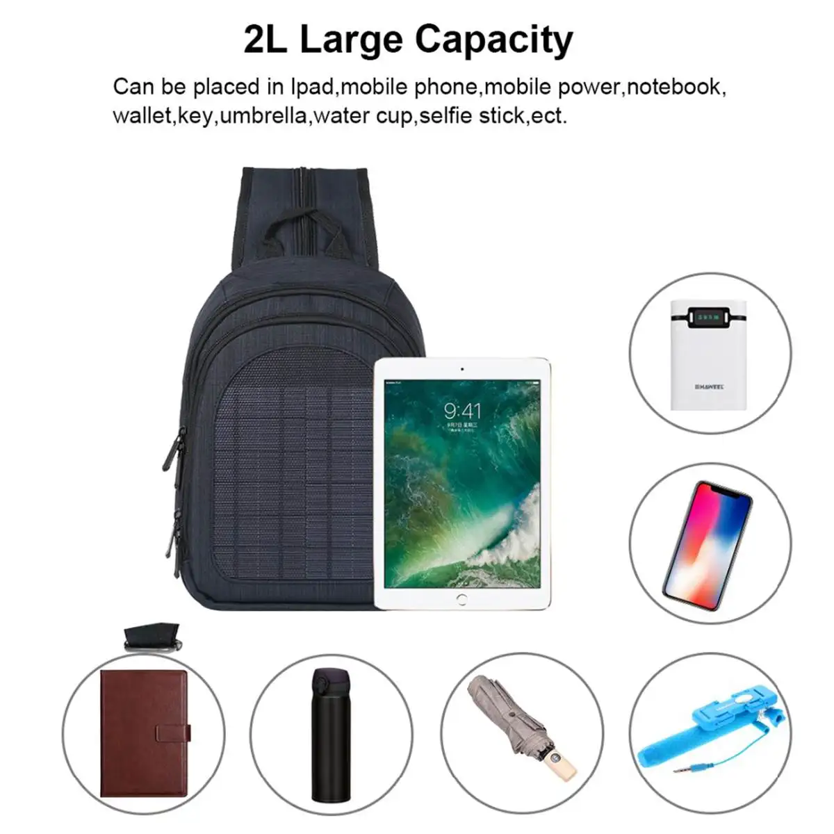 Водонепроницаемый большой емкости рюкзак с солнечной батареей портативный дышащий регулируемый плечевой ремень сумка зарядное устройство Защита от перенапряжения