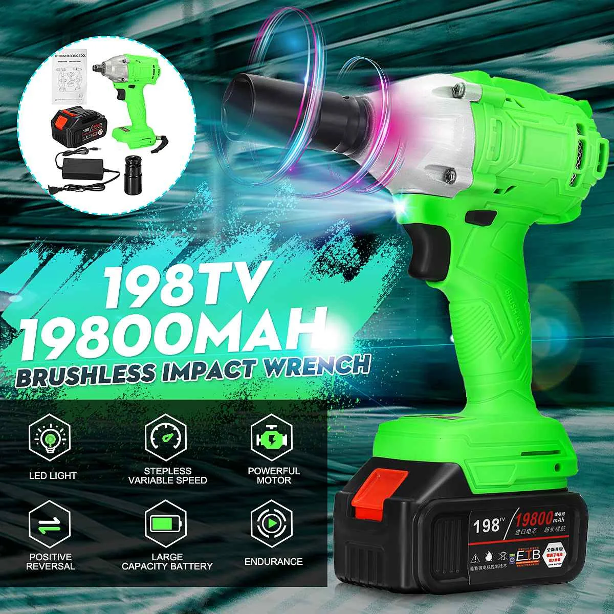 

198TV Electric Impact Wrench Cordless Speed Brushless Impact Electric Wrench 19800mAh Rechargeable Lithium Battery