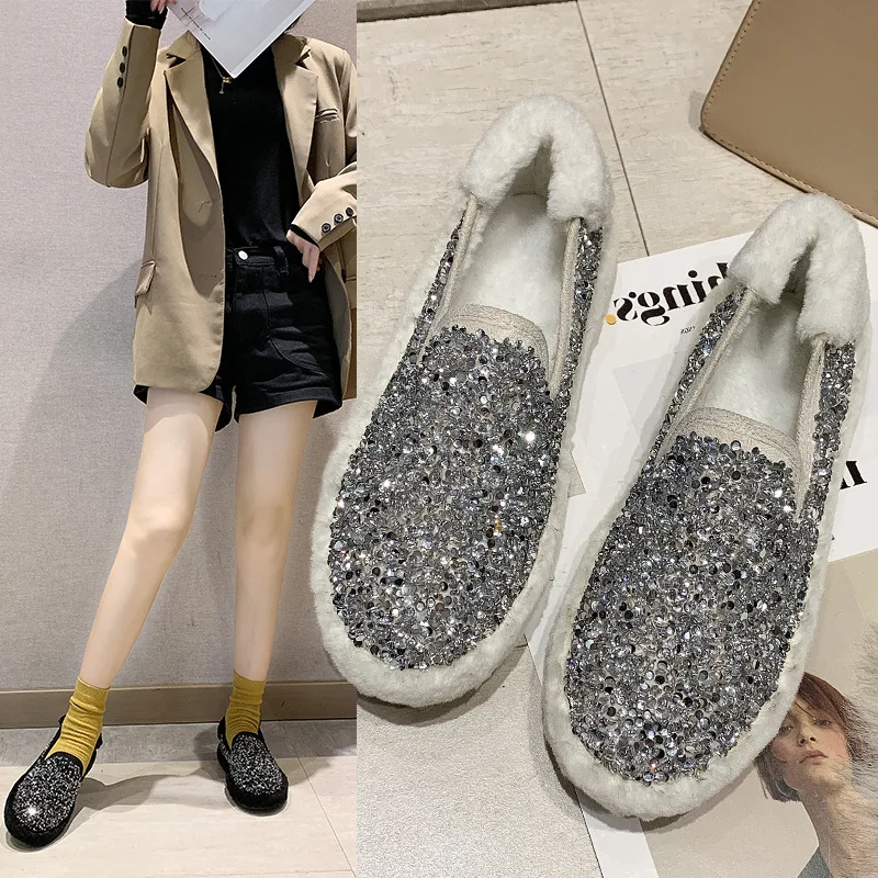 

Moccasin Shoes Round Toe Loafers With Fur Autumn 2019 Fashion Women's All-Match Casual Female Sneakers Slip-on Moccasins