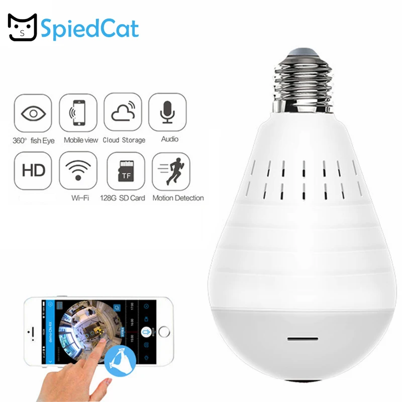 

360 Degree panoramic Wireless Wifi Smart IP Bulb Lamp CCTV HD Camera FishEye Home Security Monitor White Light Support TF Card