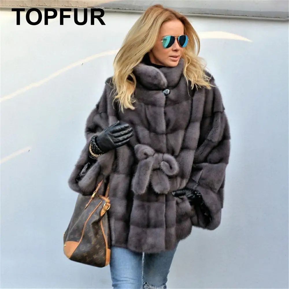 

TOPFUR Fashion New Winter Natural Fur Coat Women Dark Grey Mink Fur With Stand Collar Batwing Sleeves Large Size Overcoat