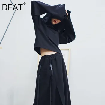 

DEAT Vintage Hooded Collar Flare Sleeve Black Loose Pullover Splicing Short Women Wei Clothin 2020 Autumn New Clothes TD302