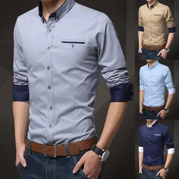 

Business Men Solid Color Long Sleeve Color Block Cuff Slim Buttons Down Shirt