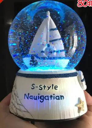YM 727 Blue Mediterranean sailing snowflake crystal lantern crystal music box - Цвет: 1