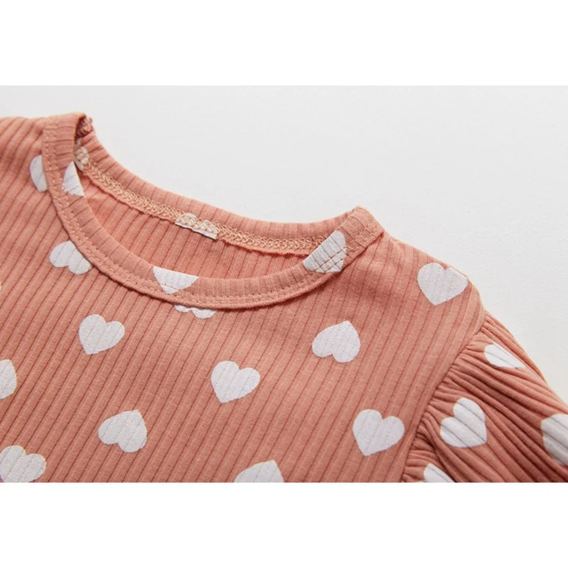 Осенние детские комбинезоны для маленьких девочек, Детский комбинезон с длинными расклешенными рукавами и принтом в виде сердца, комплекты одежды