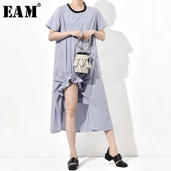 

[EAM] Women Blue Striped Split Long Ruffles Dress New Round Neck Short Sleeve Loose Fit Fashion Tide Spring Summer 2020 JR122