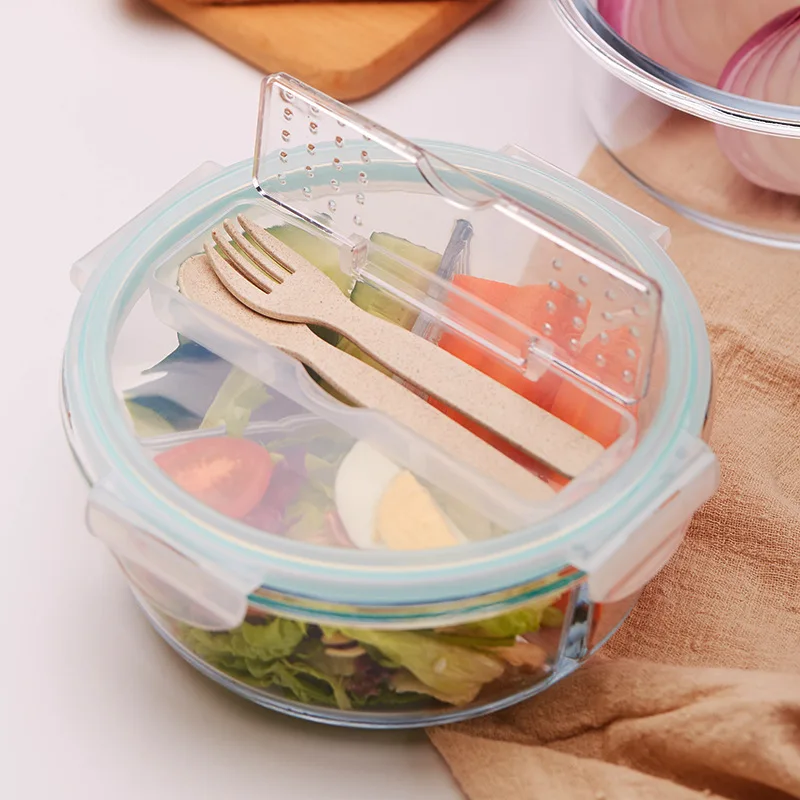 Round 1 шт., Bento Box, контейнеры для хранения еды, стеклянные Bento Box для взрослых и детей с сумкой для обеда, столовые приборы, коробка для еды - Цвет: Round