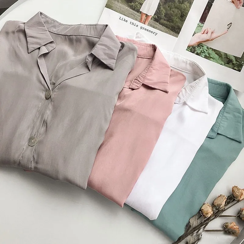 Женская блузка 2019 весна лето однотонная Свободная рубашка с длинными рукавами женская одежда Большие размеры корейский стиль модные