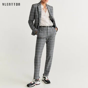 

2020 Autumn Work Plaid Pants Suit Women Single Breasted Office Lady Blazer Jacket Outwear & Zipper Trousers Female 2 Piece Set