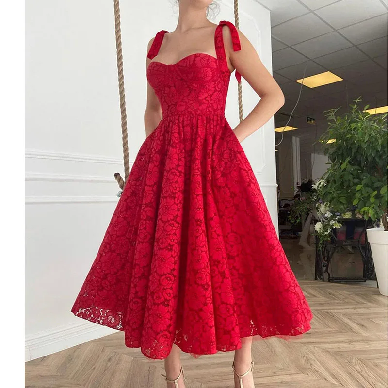 Red Tie Bow Bohemian Dress Women Ruched High Waist Backless Spaghetti Strap Midi Dresses Summer Ruffle Beach Vestidos | Женская одежда