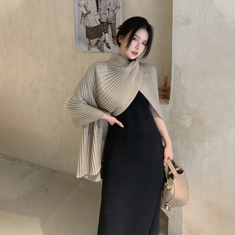 

High Quality 2022 Women Cape Sweater Casual Scarves Solid Loose Top Poncho Mujer Autumn Winter Thicken Female Knitted Shawl