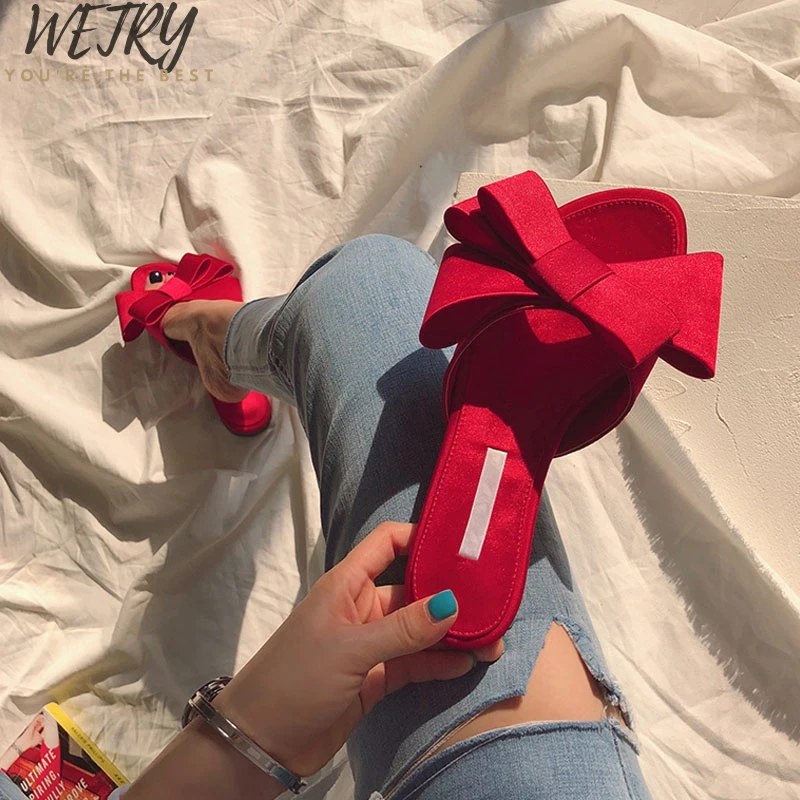 

real silk butterfly-knot slippers woman fashion brand design mules shoes summer riband bow knot slides woman flip flops