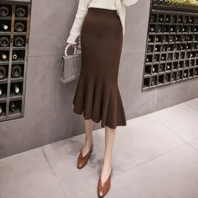 New Elegant Autumn Winter Knit Skirts Women Sweater Bodycon Mermaid Office Lady Work Wear Ruffles Skirt Chic saias faldas