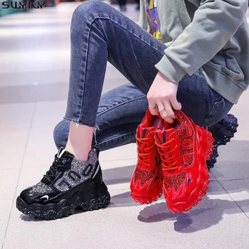 

SWYIVY PU Chunky Sneakers Ladies High Heel Women Casual Shoes New 2020 Spring Wedges Shoes For Women Sneakers Black Fashion 35