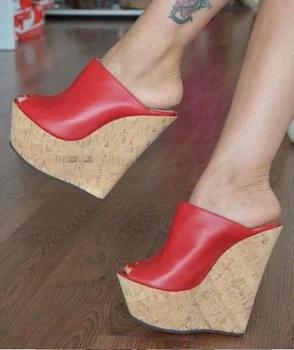 

Sexy Red Leather High Heel Mules Peep Toe Wedge Heel Summer Sandals Super High Platform Wedge Sandals Shoes Drop Ship